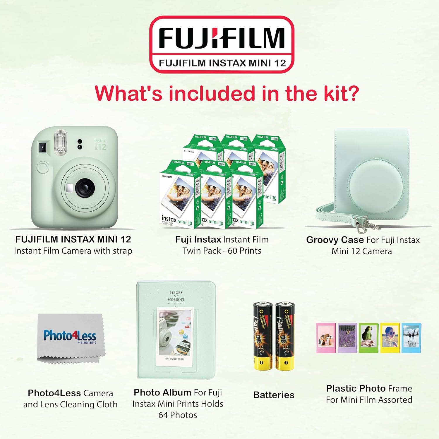 Fujifilm Instax Mini 12 Instant Camera Bundle with Fujifilm Instax Mini Instant Film Value Pack (60 Sheets) with Accessories Including Protective Case, Strap, Photo Album (Mint Green)