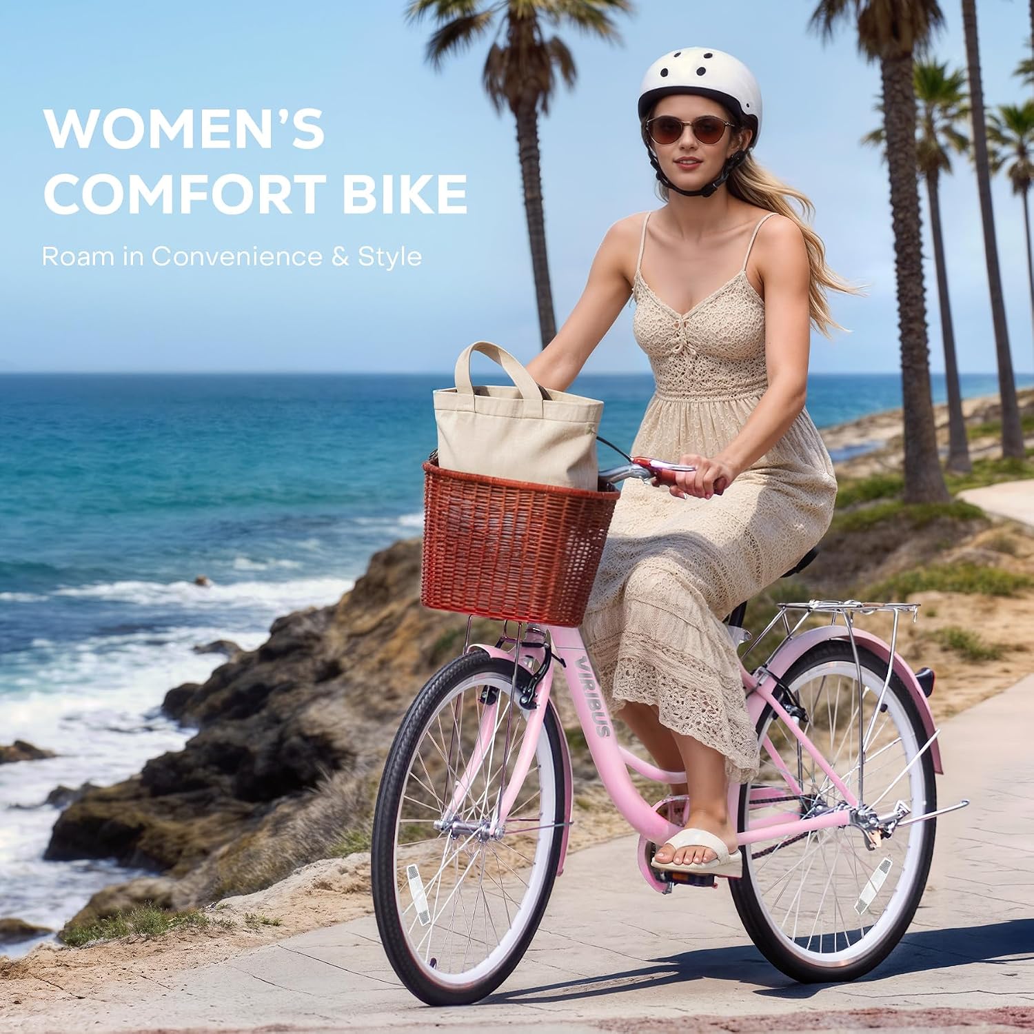 VIRIBUS Beach Cruiser Bike for Women, Single Speed Womens Bike with Basket & Rack 24 26 inch, Retro Step Through Cruiser Bicycle for Petite Short Women Female Ladies City Commuter, 330 lb.