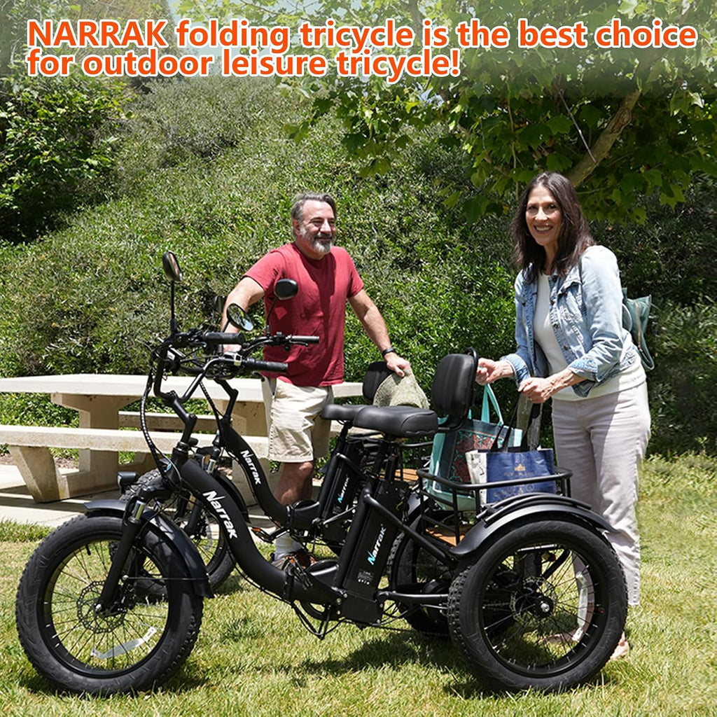 NARRAK Electric Tricycle for Adults,Fat Tire Folding Electric Trike,3 Wheels Electric Bicycle Bikes, Peak 1350W Step-Thru Etrike with Removable Battery and Large Basket for Women Men