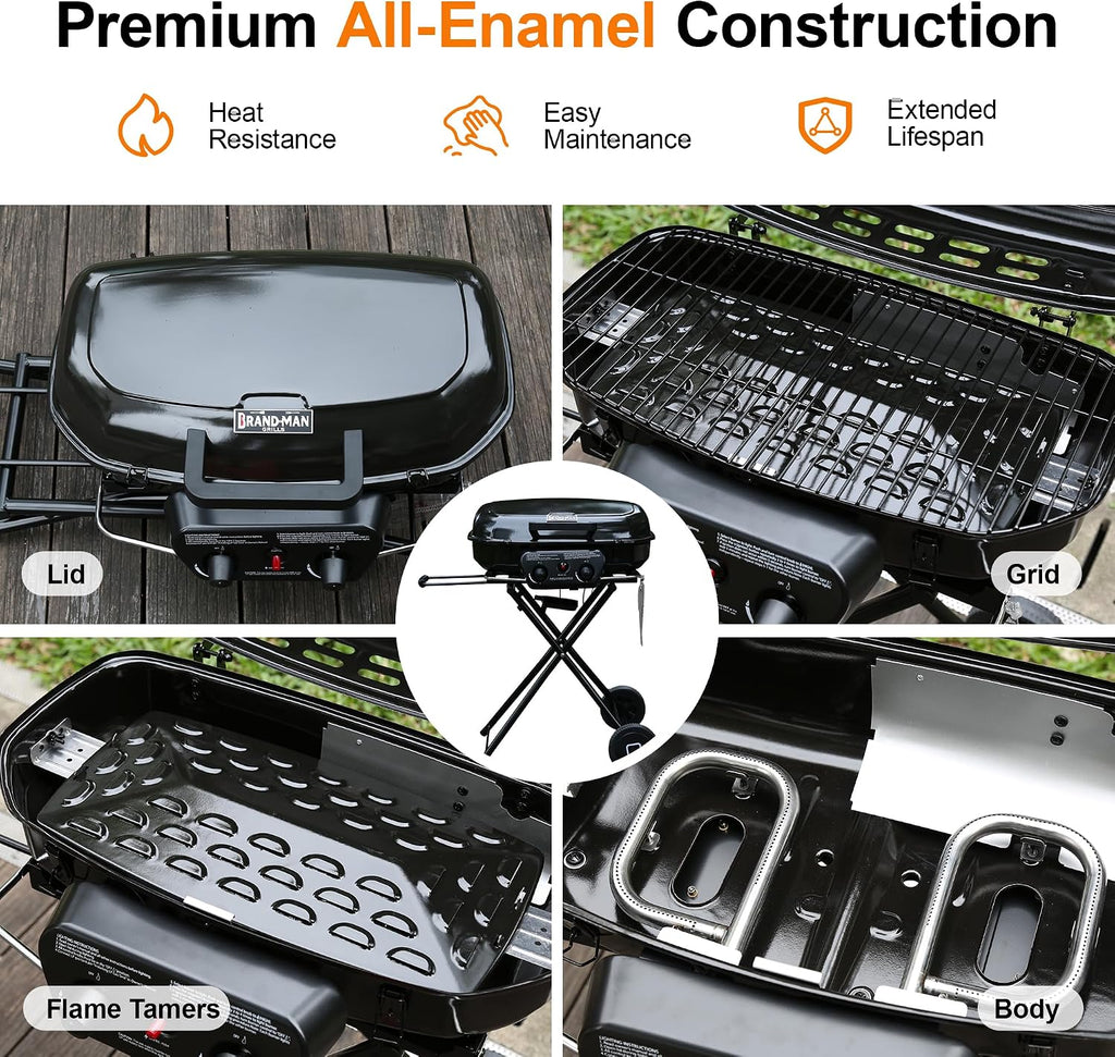 Brand-Man Portable Propane Gas Grill with Folding Cart and Push-Button Ignition, Standup Design for Camping, Tailgating, Backyard BBQ, Patio, Outdoor Cooking (Black)