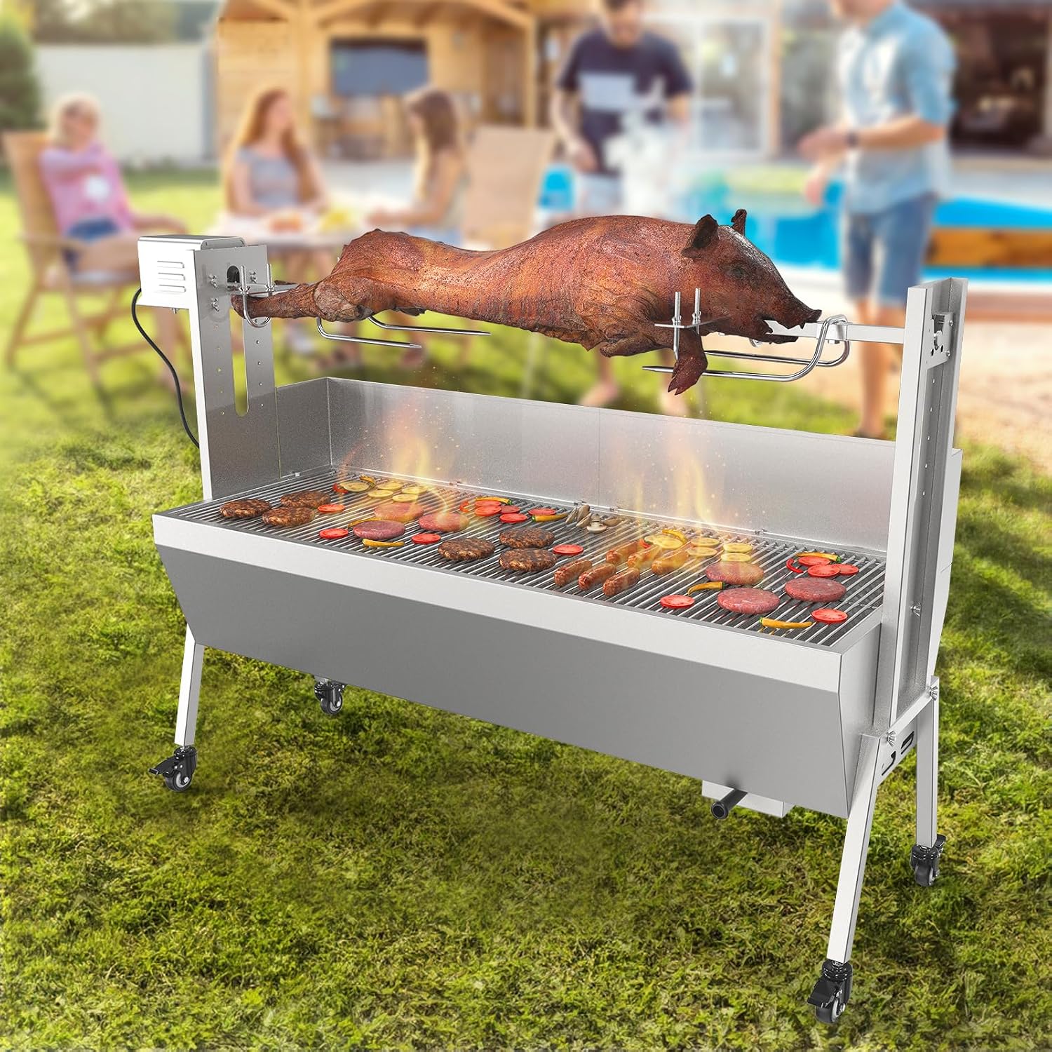 ROVSUN 46' Rotisserie Grill Kit, Pig Lamb Spit Roaster Stand Electric Rotisserie Grill 176 Lbs Capacity w/Wind Baffle Lockable Wheels Adjustable Height, BBQ Spit Rod for Outdoor Party Camping