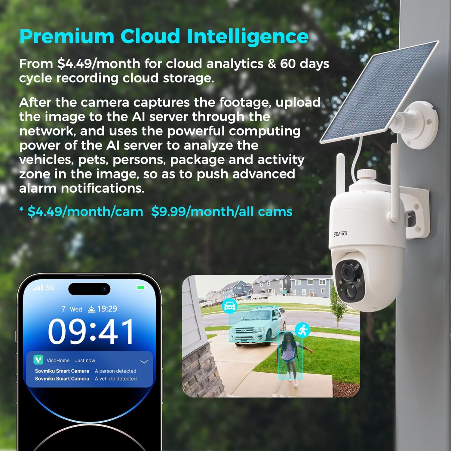 Vicohome 3CQ1 AI 2K Solar Security Camera Wireless Outdoor, Battery Powered,Two Way Audio,Motion Detection, 360° View,Easy to Setup,Color Night Vision,Audible Flashlight Siren,180 Days Exchange Policy