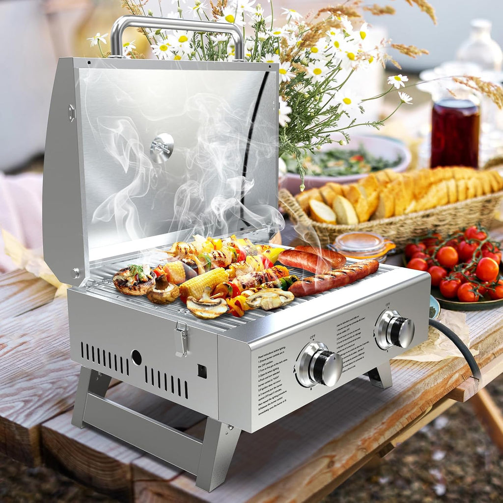 BBQCuker Portable Propane Gas Grill 2-Burner Tabletop with Foldable Legs for Outdoor Camping Cooking Two 10,000 BTU Burners Stainless Steel, and Built-in Thermometer Chef's Style