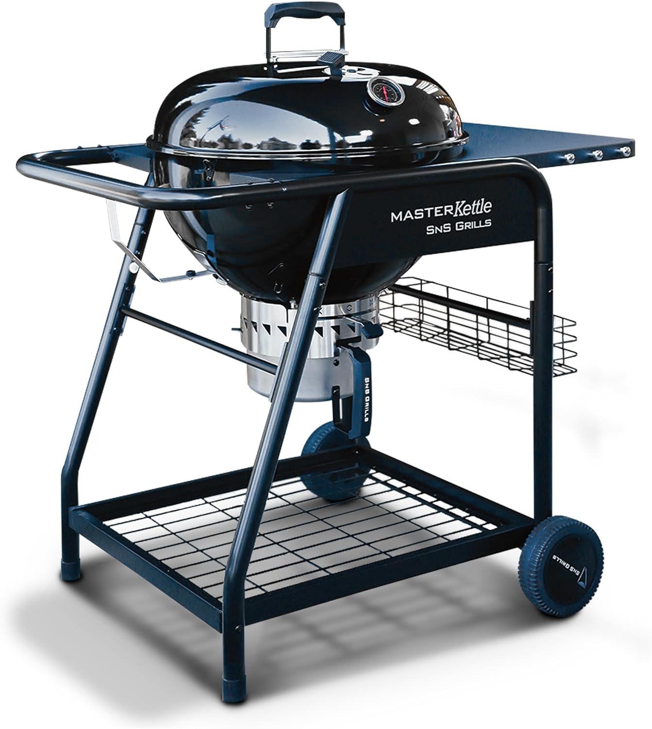 SnS Grills 22-Inch Charcoal Grill and Smoker — MasterKettle with Patented Slow 'N Sear Deluxe Insert, 304 Stainless EasySpin Grate, Integrated Side Table, 10-Year Warranty.