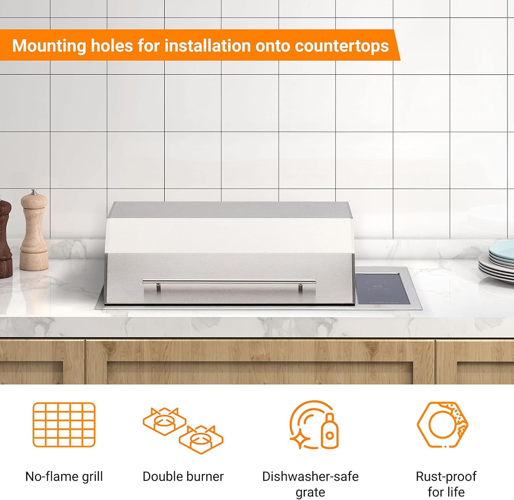 Kenyon Texan Built-In Electric Grill with Faceted Single Piece Lid and Standard Lite Touch Control, Stainless Steel Body, UL-Approved for Use Indoors and Outdoors, No-Flame Grill, 240 Volts