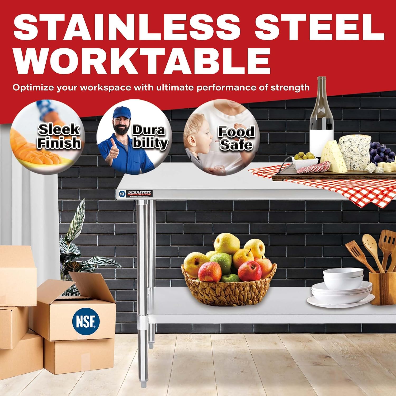DuraSteel 24x72 Stainless Steel Work Table - NSF Commercial Prep Metal Table - Outdoor Pizza Oven Stand w/Under Shelf - Kitchen Island Laundry Utility Garage Microwave Stand Rolling Storage Cart Vevor
