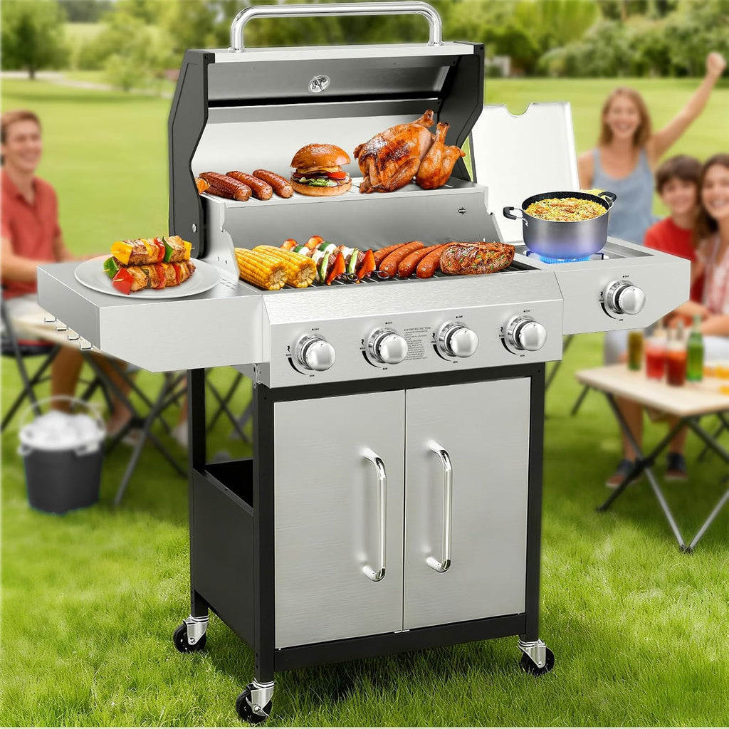 Llamaviva 4 Burner Gas Grill with Side Burner 60000 BTU Propane Flat Top Grill Stainless Steel Outdoor BBQ Grill Portable with Wheels for Patio Camping