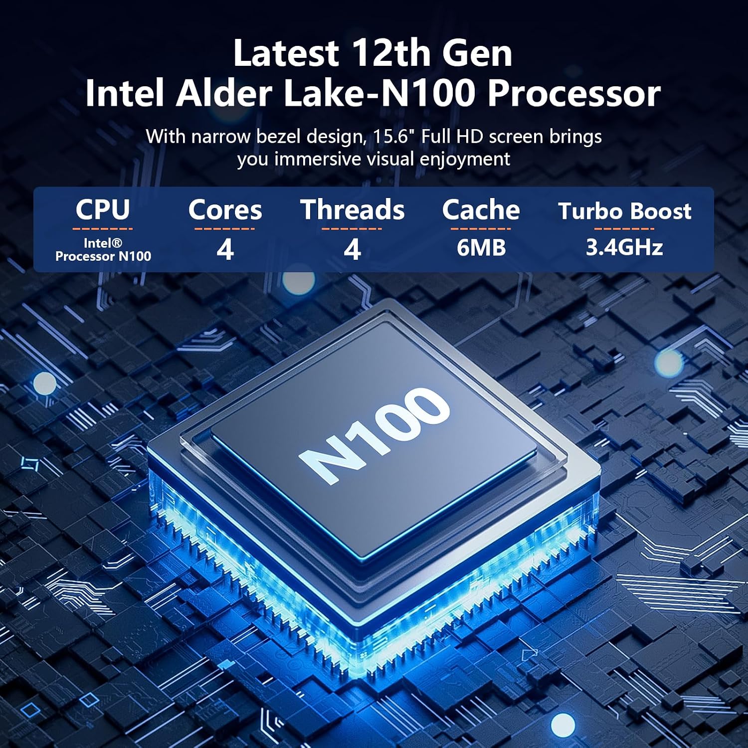 15.6 inch Laptop, 12th Alder Lake N100(Turbo 3.4GHz) Processor,12GB RAM, 512GB SSD, 2K FHD IPS Laptops, 2.4G/5G WiFi, Webcam,Full-Featured Type-C,Ultra-Thin Notebook