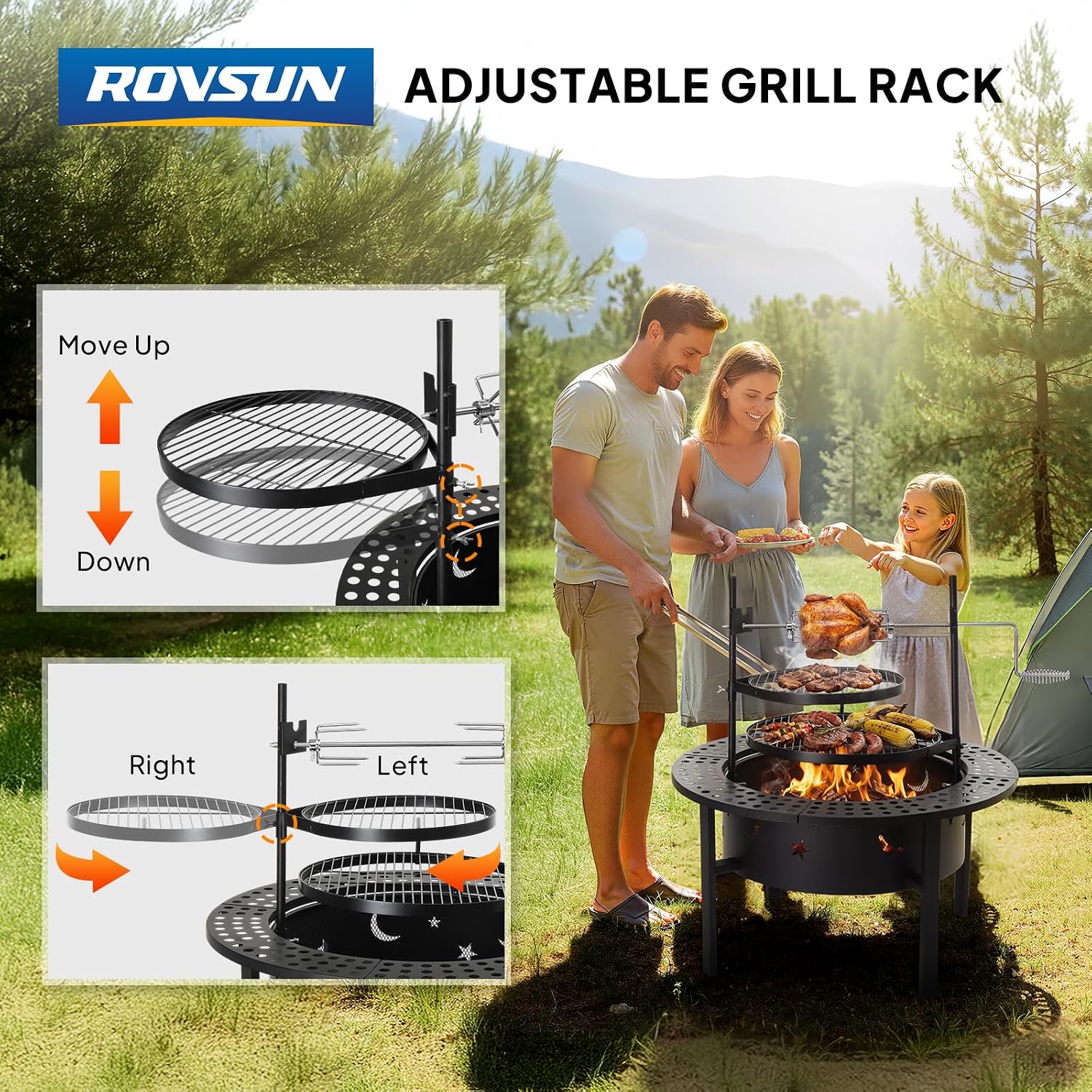 ROVSUN Upgrated 33'' Outdoor Fire Pit with 2 Grills, Grill with Side Shelves, Wood Burning Round Firepit with Swivel Cooking Grate, Removable Swivel Grill for Backyard, Patio, Picnic, BBQ and Parties