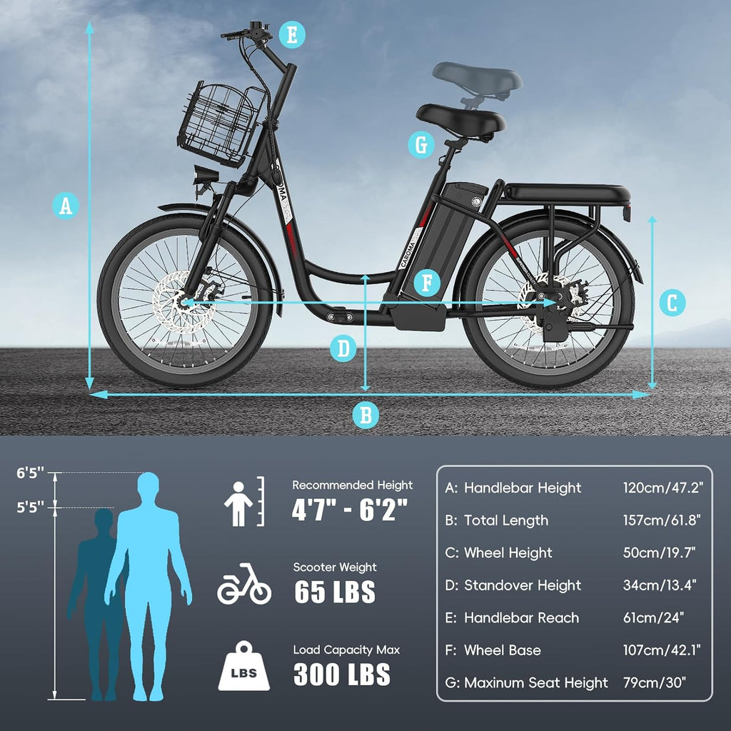 Caroma Peak 500W/800W/1200W Electric Scooter with Seat, 20' Fat Tire Electric Bike with 48V Removable Battery, Up to 30Miles & 20MPH, Adult Scooter for Commuting with Basket&Adjustable Seat