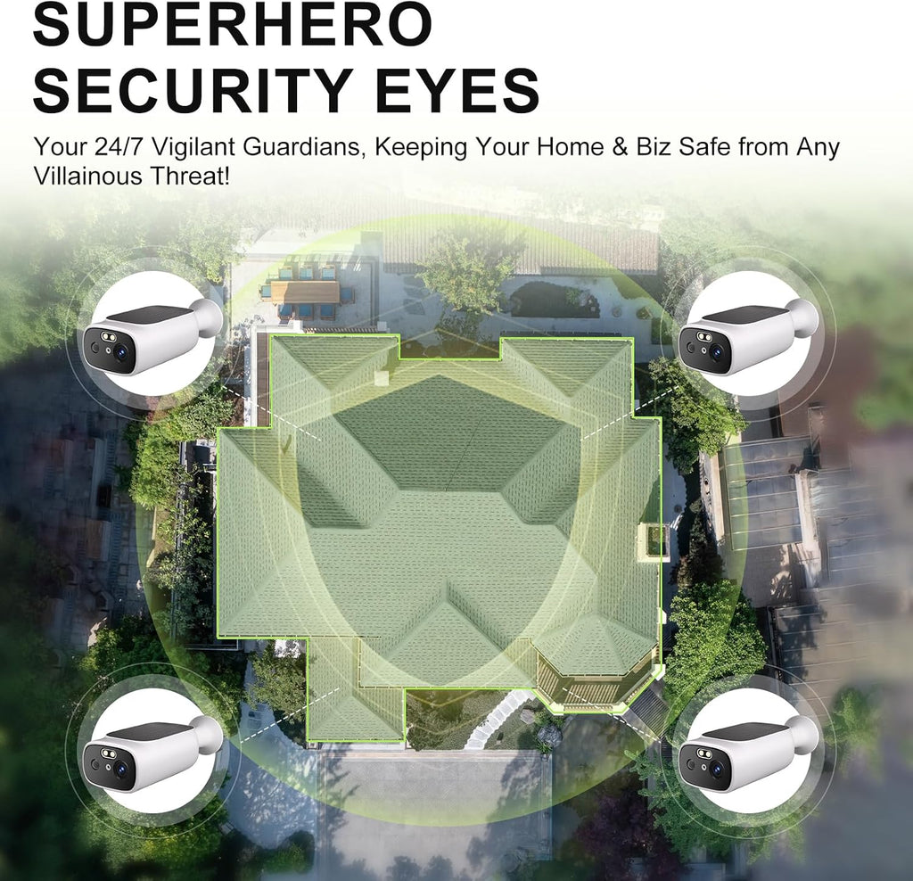 2K Solar Security Cameras Wireless Outdoor-2.4/5Ghz WiFi Cameras for Home Security, AI Motion Detection, Color Night Vision, SD Card/Cloud Storage, Waterproof, Work with Alexa/Google Home (4 Cameras)