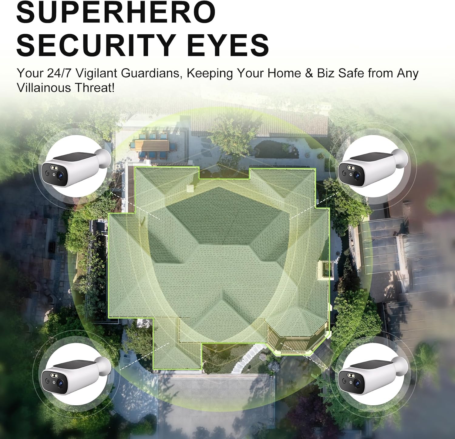 2K Solar Security Cameras Wireless Outdoor-2.4/5Ghz WiFi Cameras for Home Security, AI Motion Detection, Color Night Vision, SD Card/Cloud Storage, Waterproof, Work with Alexa/Google Home (4 Cameras)