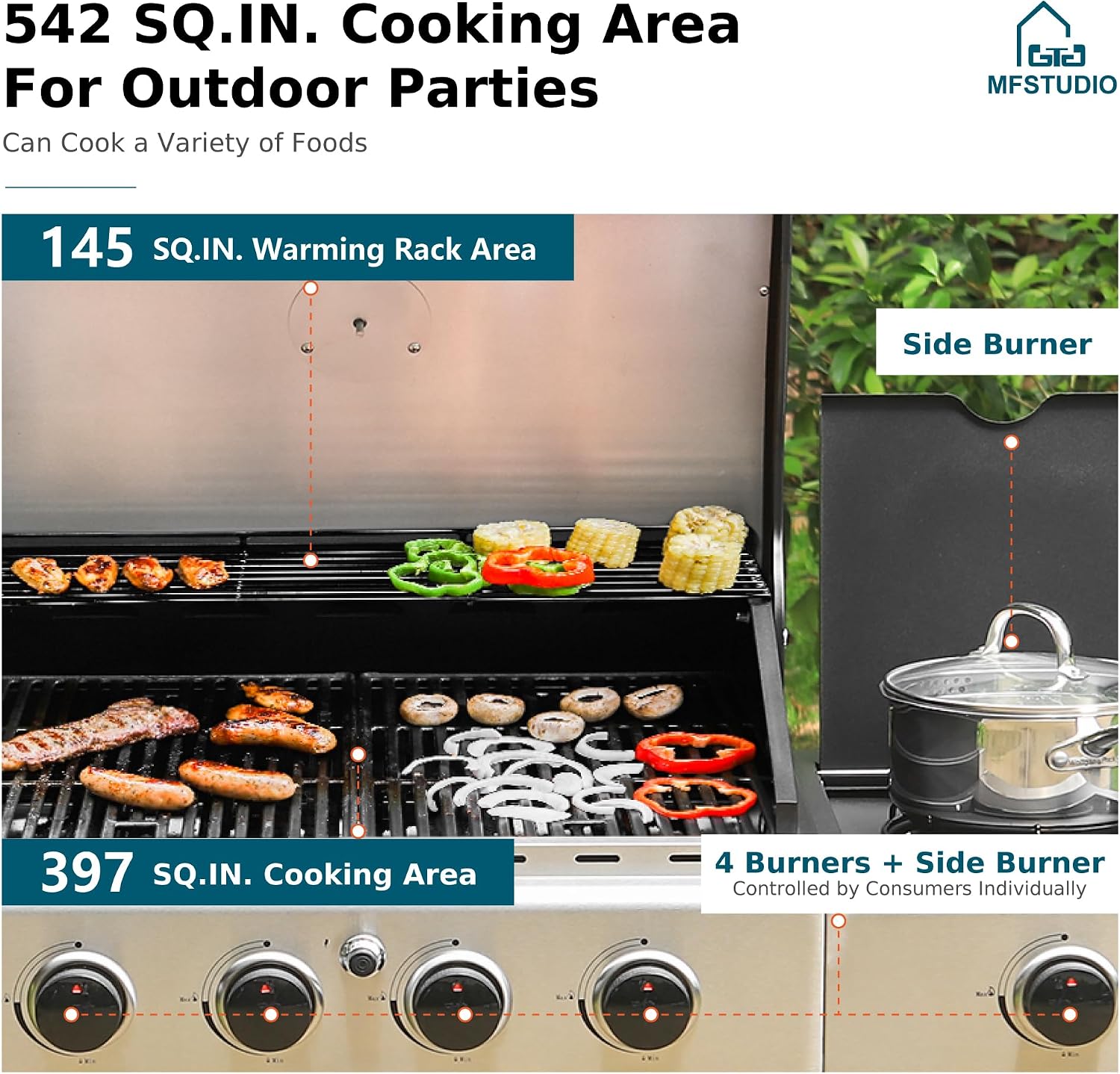 MFSTUDIO 4 Burner BBQ Gas Grill with Side Burner, Propane Grills with Porcelain-Enameled Cast Iron Grates, 42,000 BTU for Outdoor Backyard Barbecue Cooking, Blue