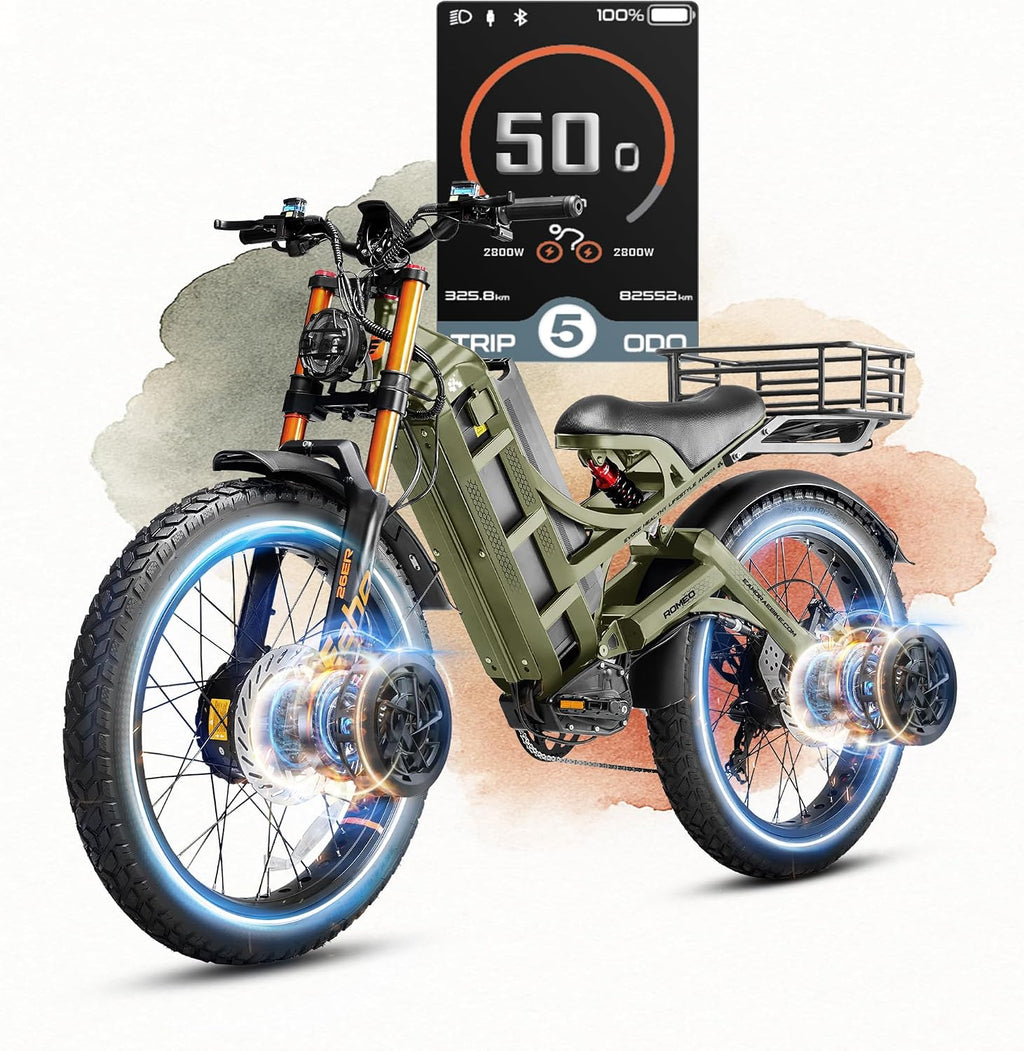 eAhora 2026 Romeo Pro 3 50MPH Electric Bike for Adults 5600W Dual Motor E Bike 60V/80Ah 250 Miles Long Range Electric Bicycle,26 * 4.0 Fat Tire Full Suspension Electric Mountain Bike Delivery Commute