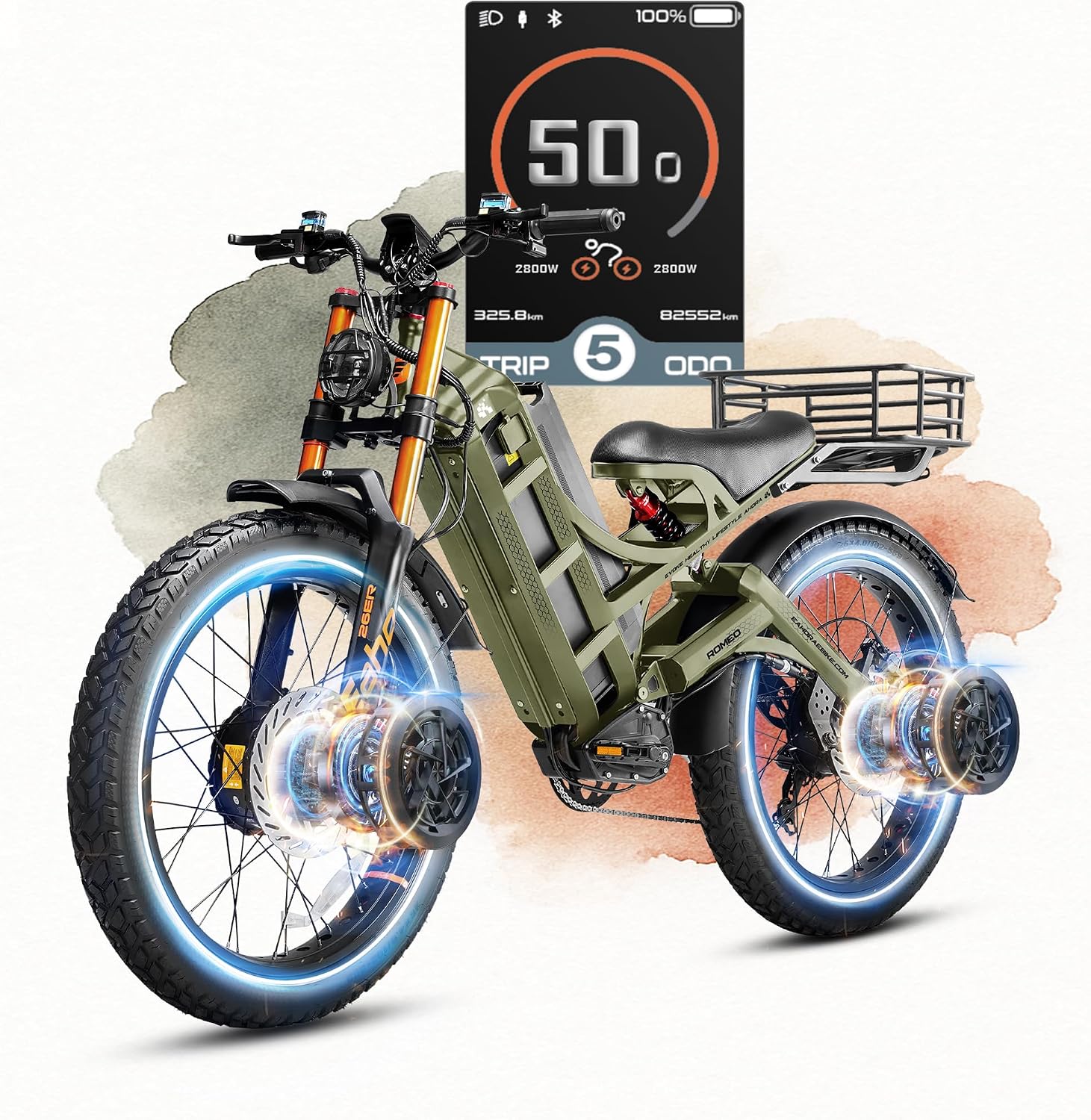 eAhora 2026 Romeo Pro 3 50MPH Electric Bike for Adults 5600W Dual Motor E Bike 60V/80Ah 250 Miles Long Range Electric Bicycle,26 * 4.0 Fat Tire Full Suspension Electric Mountain Bike Delivery Commute