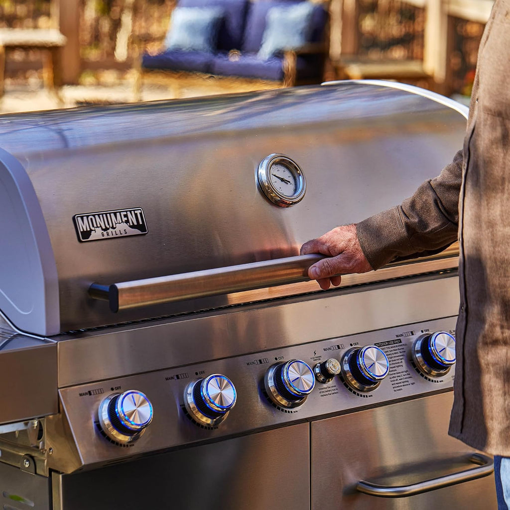 Monument Grills 77352 6+1 Burner Stainless Steel Cabinet Style Propane Gas Grill with Knob Controls, Side Burner, Built-In Thermometer, and Rotisserie Kit