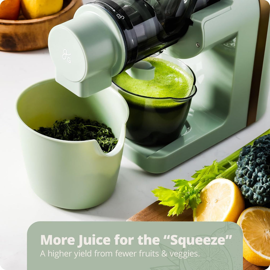 Greater Goods Cold Press Juicer, Powerful Slow Masticating Juice Extractor with Quiet Motor for Fruits and Vegetables, High Juice Yield, Easy to Clean, Sage Green
