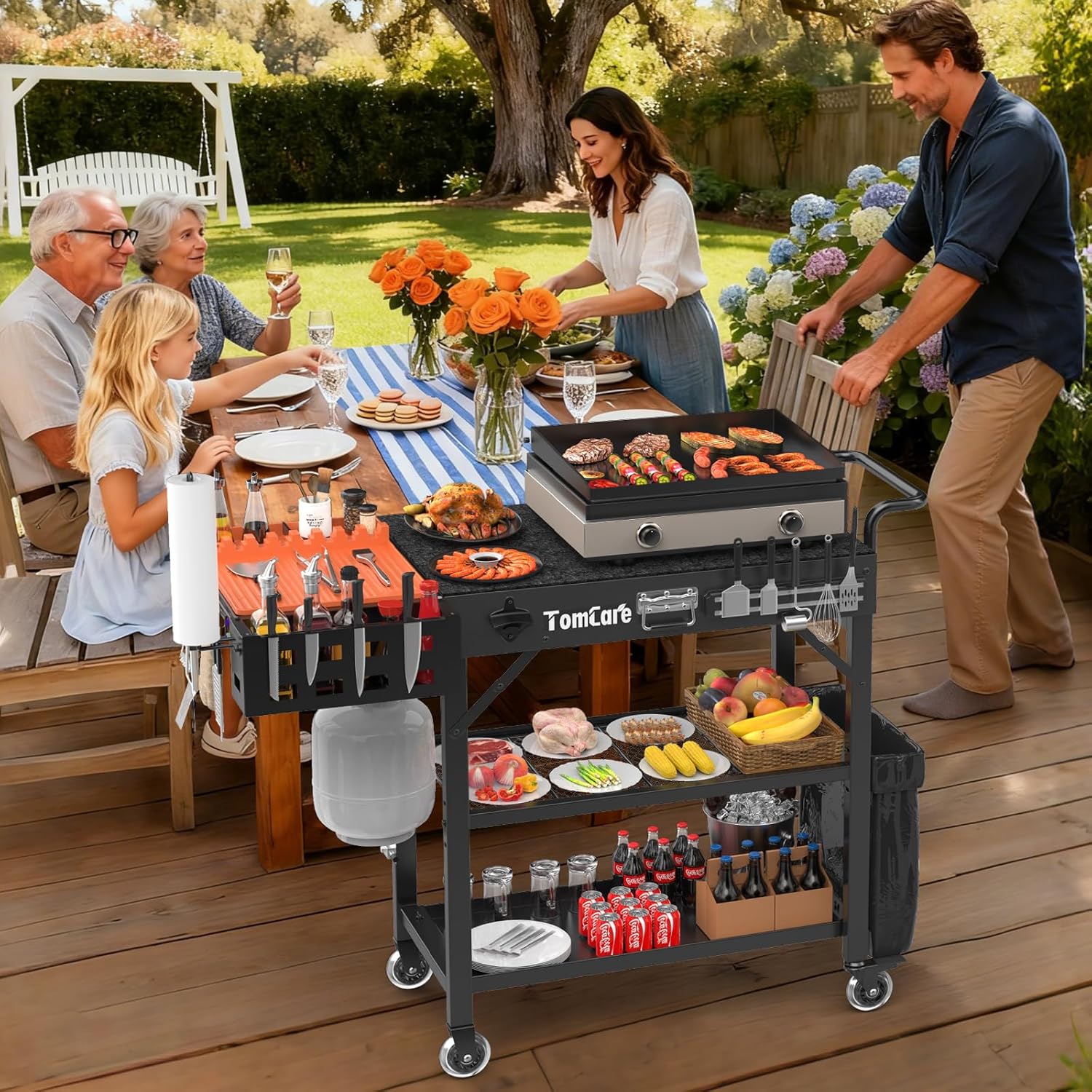 TomCare Grill Table with 3-Tier Storage Shelves Lockable Wheels Grill Cart with Silicone Grill Mat Heavy Duty Outdoor Tabletop Griddle Stand Holds 500Lbs Fits 22' Blackstone Ninja Cuisinart BBQ Grill