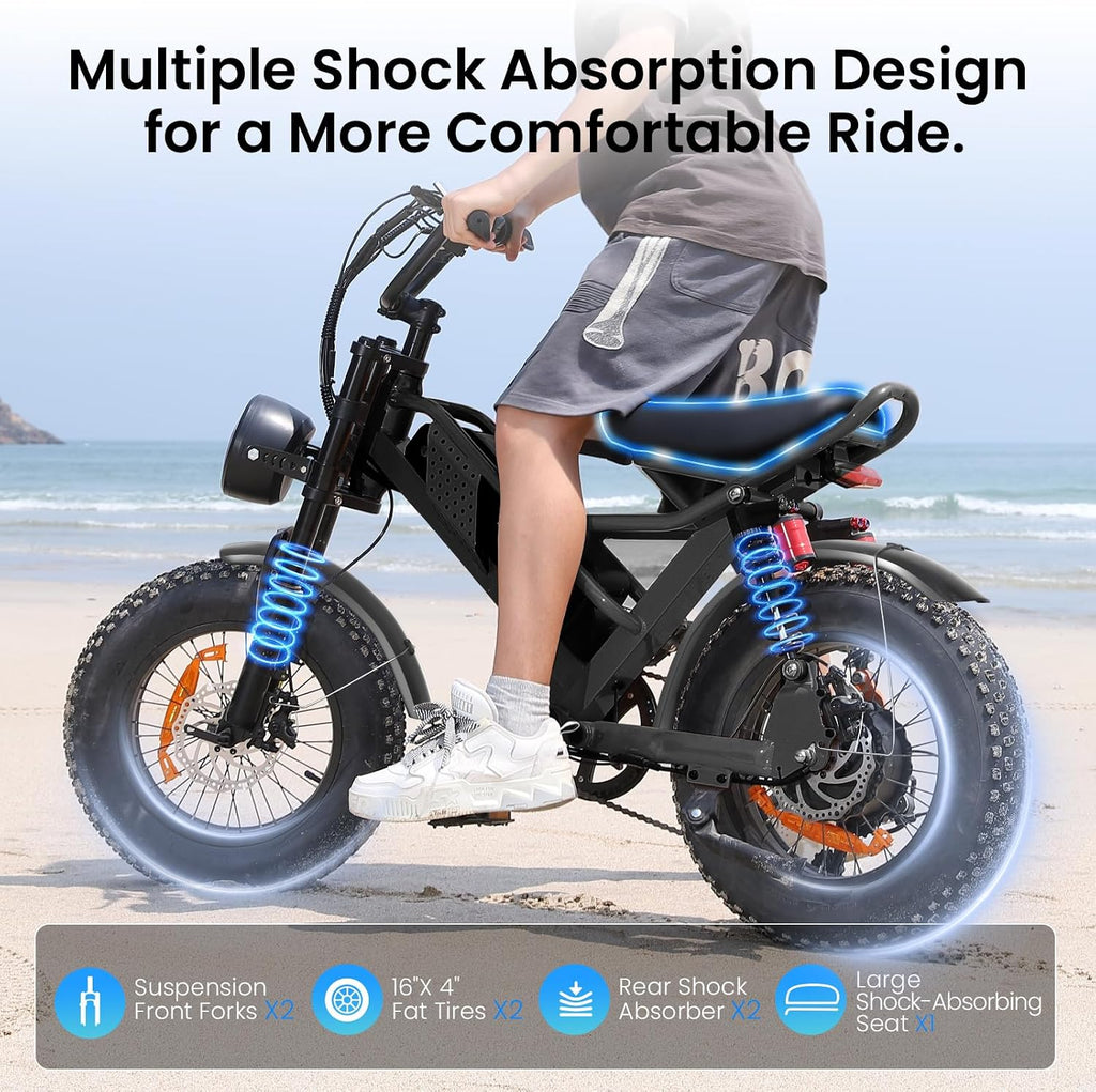 Spacewalk Electric Bike M6 / M7 for Teens/Adults,16' / 20' Ebike,1500W Peak Motor,21.7mph / 27.9mph,48V 15Ah Removable Battery,4X Suspension,50 Miles Pure Electric,70 Miles PAS