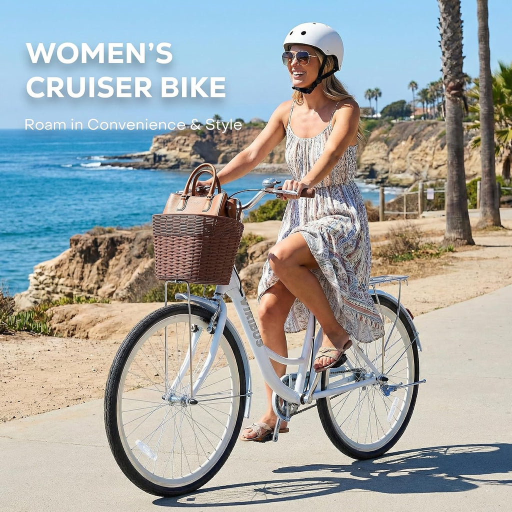 VIRIBUS Beach Cruiser Bike for Women, Single Speed Womens Bike with Basket & Rack 24 26 inch, Retro Step Through Cruiser Bicycle for Petite Short Women Female Ladies City Commuter, 330 lb.