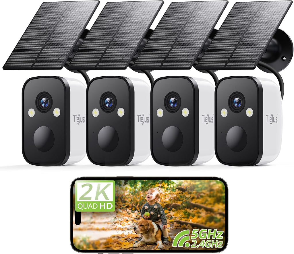 2K 5G Security Cameras Wireless Outdoor, 4-Pack Solar-Powered Camera for Home with Full Color Night Vision, PIR Detection, IP66/Alexa/2 Way Talk, No Subscription, 5G/2.4GHz WiFi