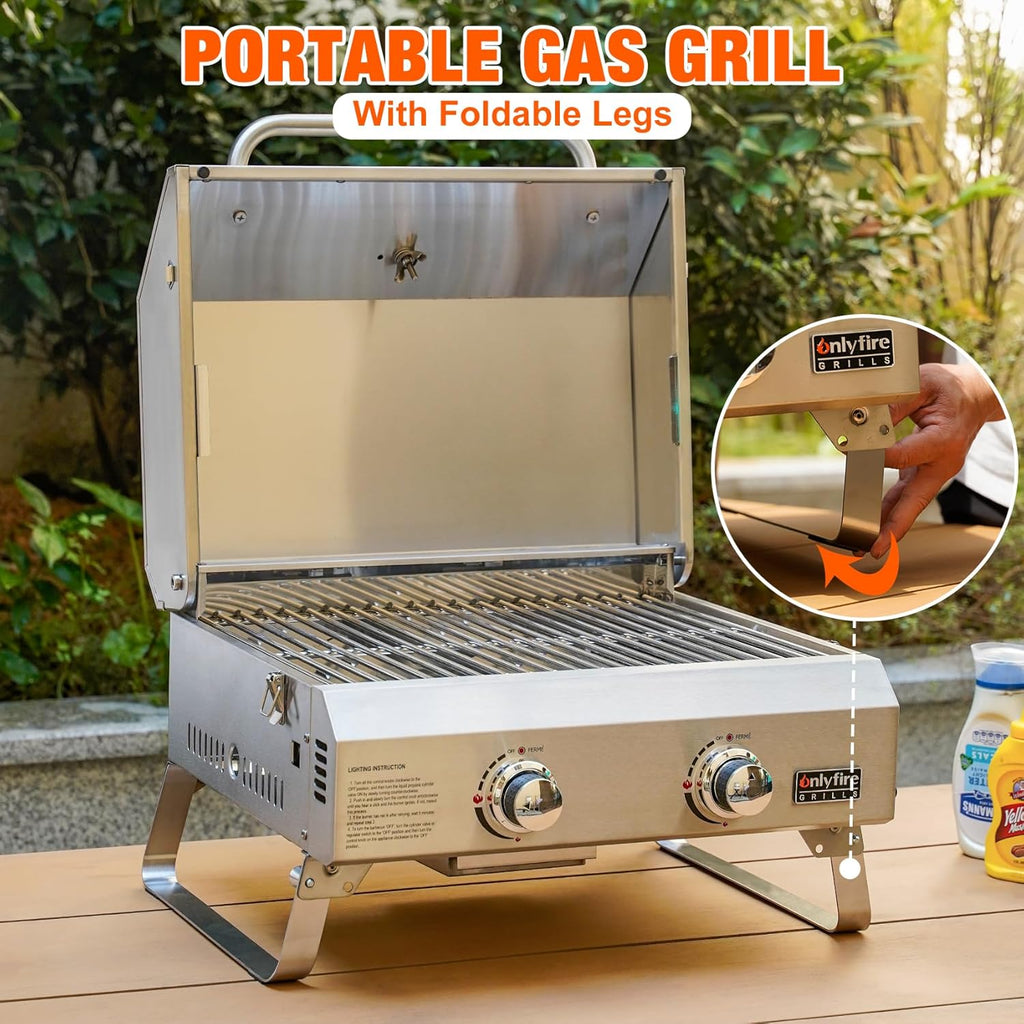 ONLYFIRE GRILLS Tabletop Gas Grill 2 Burners, 20' Portable Propane Grill with Foldable Legs for Outdoor Patio Backyard Camping Tailgating RV Trip Beach, Stainless Steel Gas Stove 16000BTU, GS322