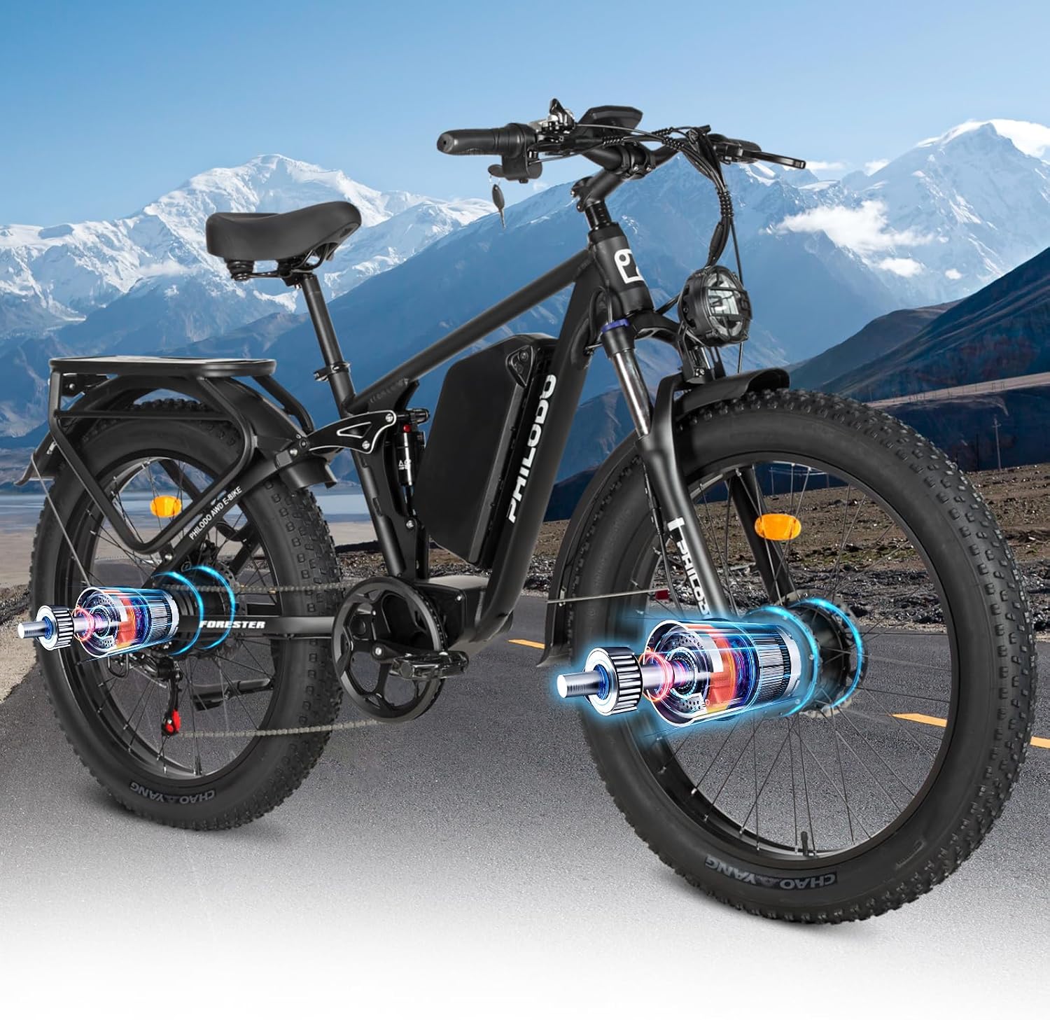 5000w Dual Motor E-Bike 60V Electric Bike for Adults,45 MiIe P-Hour Full Suspension Hydraulic Disc Brakes EBike,26/24x4 Fat Tires Mountain Bikes for All Terrain Snow/Sand