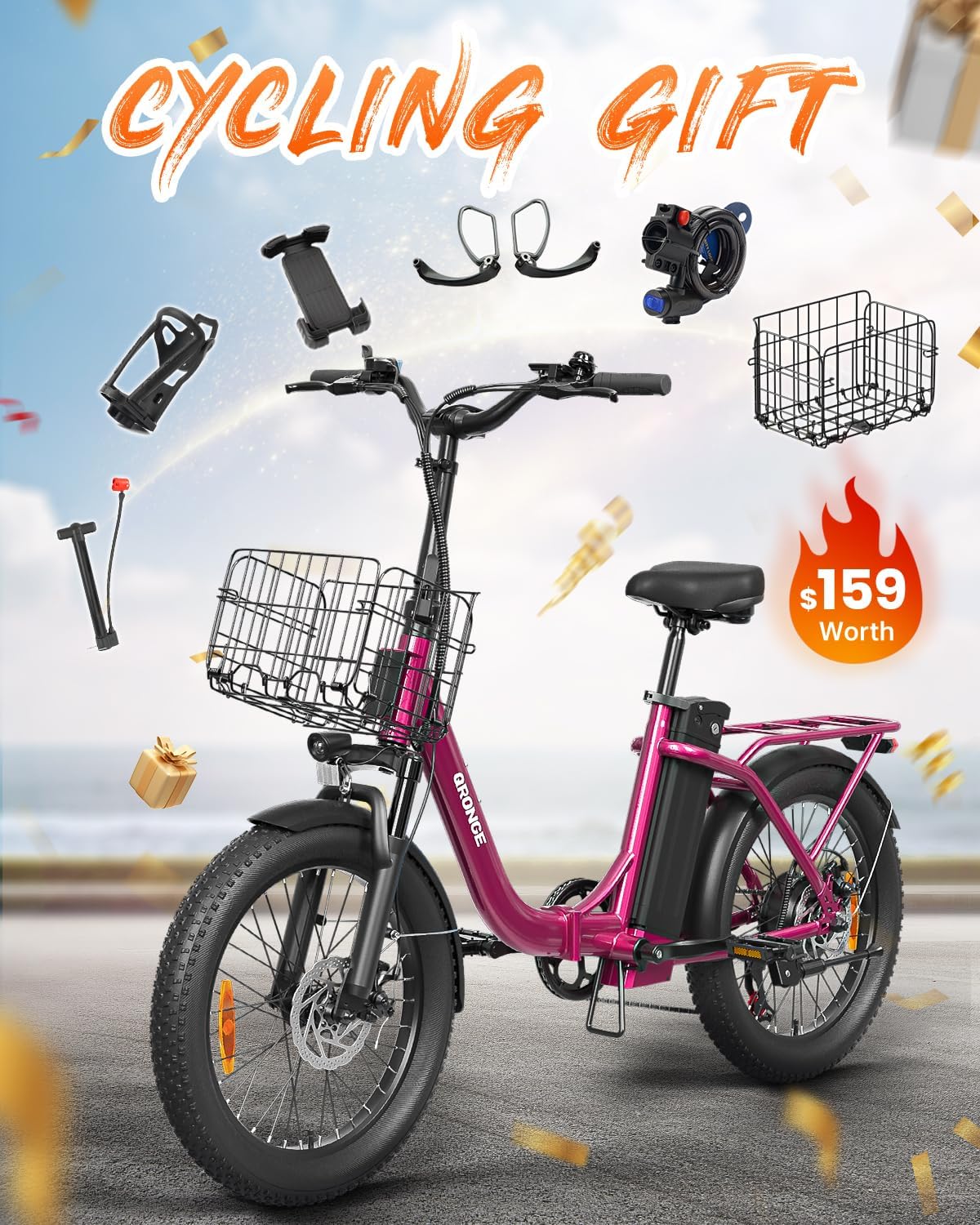 QRONGE Electric Bike, 1000W Peak Folding Electric Bike, 486Wh 70 Miles Range Ebike, 20' Step-Thru Bicycle with Front Basket, Waterproof Removable Battery, 7 Speed, 25 MPH Max