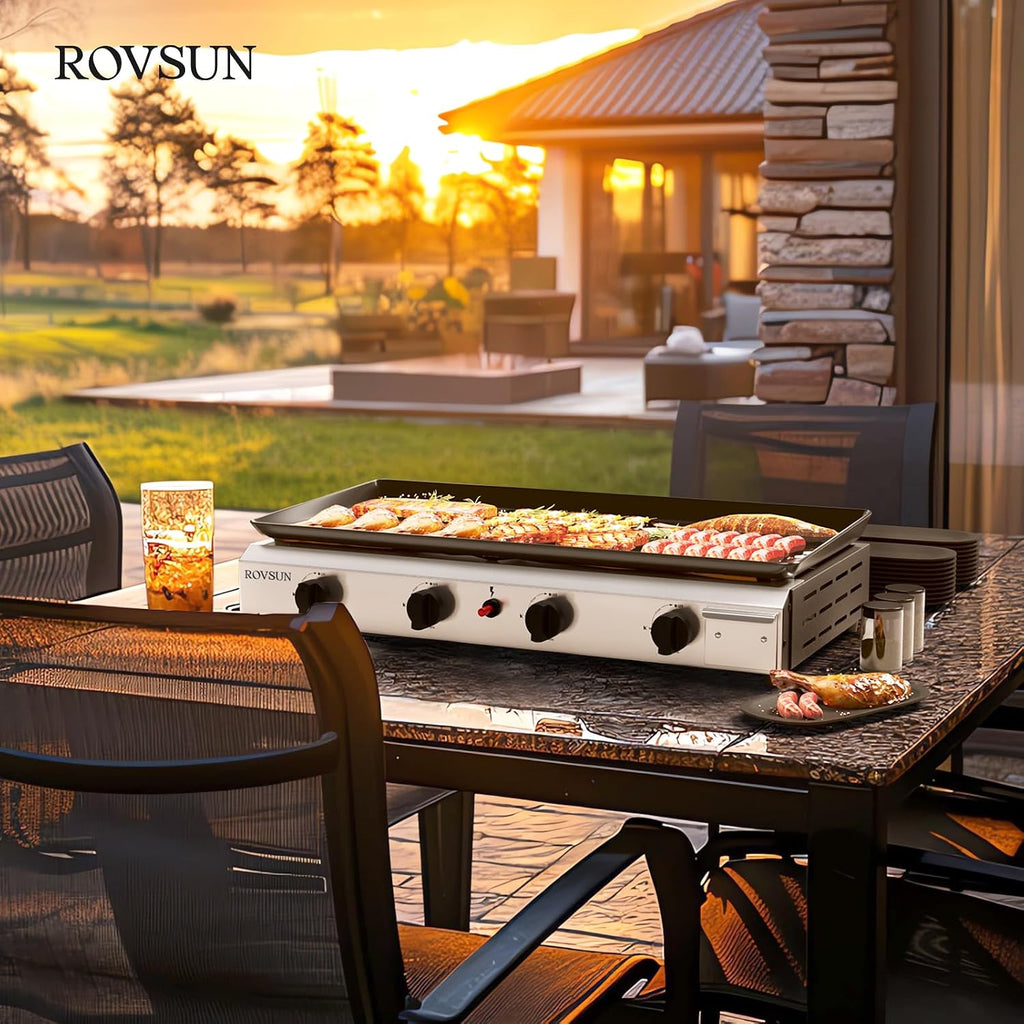 ROVSUN 4 Burner Portable Propane Griddle with Electronic Ignition & Regulator, 40,000 BTU Tabletop Flat Top Gas Grill with Nonstick Enameled Tray for Outdoor Cooking Camping BBQ Tailgating