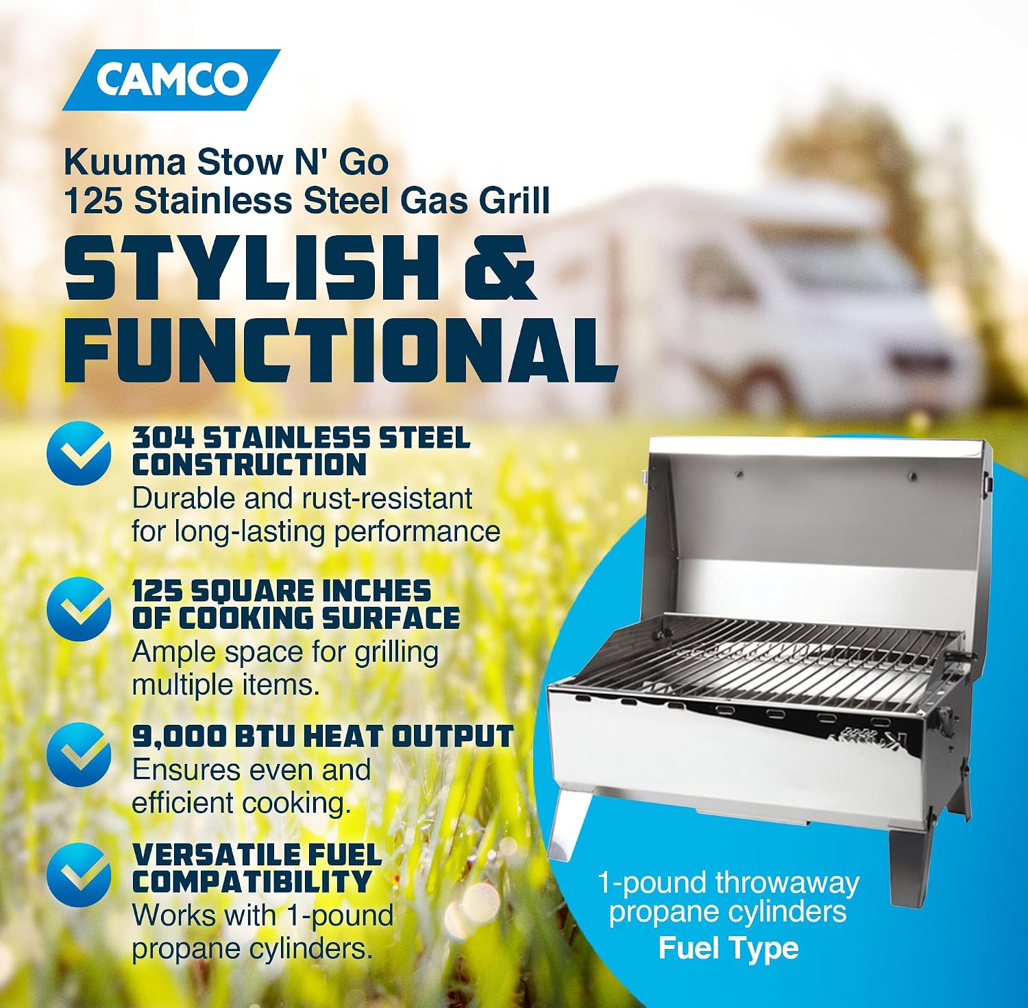 Camco Kuuma Premium Stainless Steel Mountable Gas Grill w/Regulator -Compact Portable Size Perfect for Boats, Tailgating and More - Stow N Go 125' (58140)