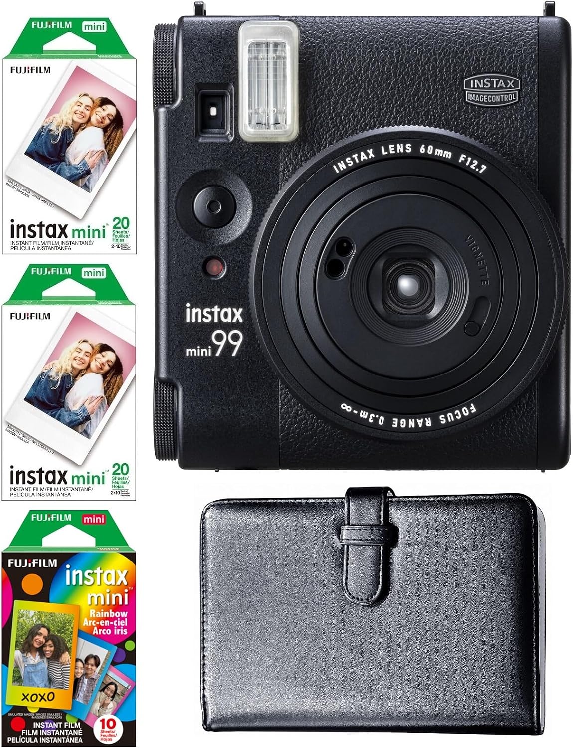 FUJIFILM Instax Mini 99 Instant Camera Bundle, Includes: Mini Color Film (40 Exposures), Rainbow Film (10 Exposures) and 108 Pocket Mini Instax Photo Album (5 Items)
