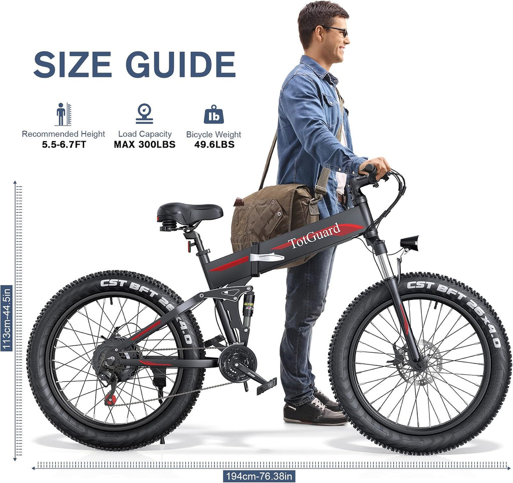 Wooken 26' x4.0 Fat Tire Electric Bike, Folding Electirc Bike for Mountain Commuter, 500W Motor 19.8 MPH, Ebikes for Adults with 48V/10.4Ah Removable Battery, Suspension Fork, 21 Speed Ebike
