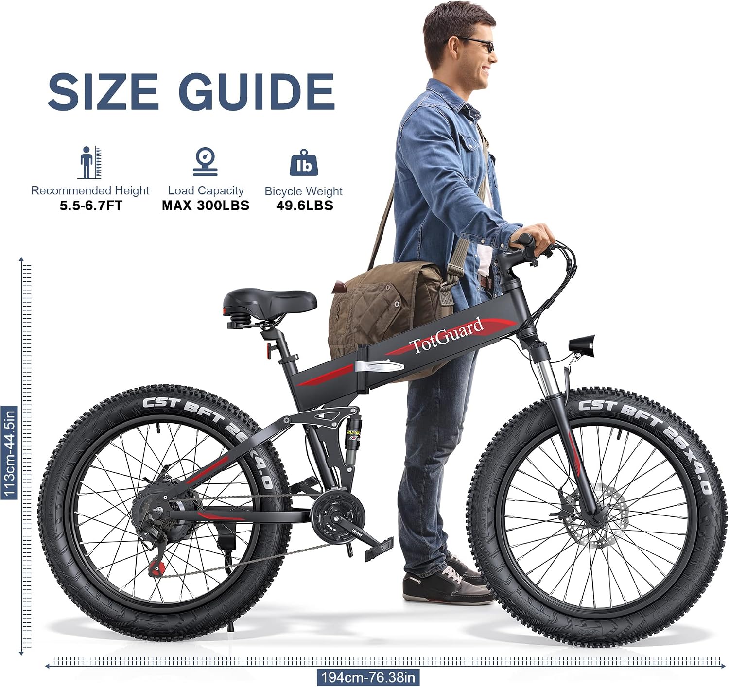 Wooken 26' x4.0 Fat Tire Electric Bike, Folding Electirc Bike for Mountain Commuter, 500W Motor 19.8 MPH, Ebikes for Adults with 48V/10.4Ah Removable Battery, Suspension Fork, 21 Speed Ebike