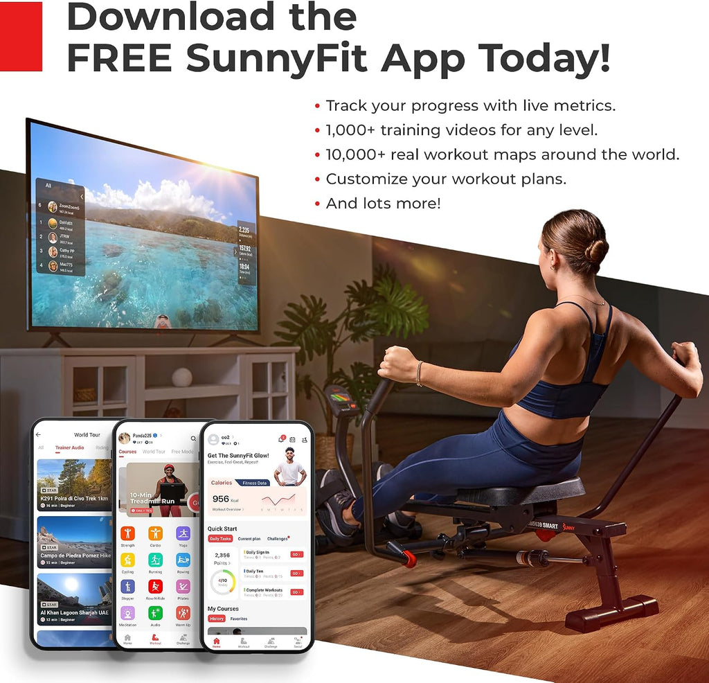 Sunny Health & Fitness Row-N-Ride Squat Machines, Adjustable Resistance and Seating/Handle for Home Glutes Training, SunnyFit App Access Included