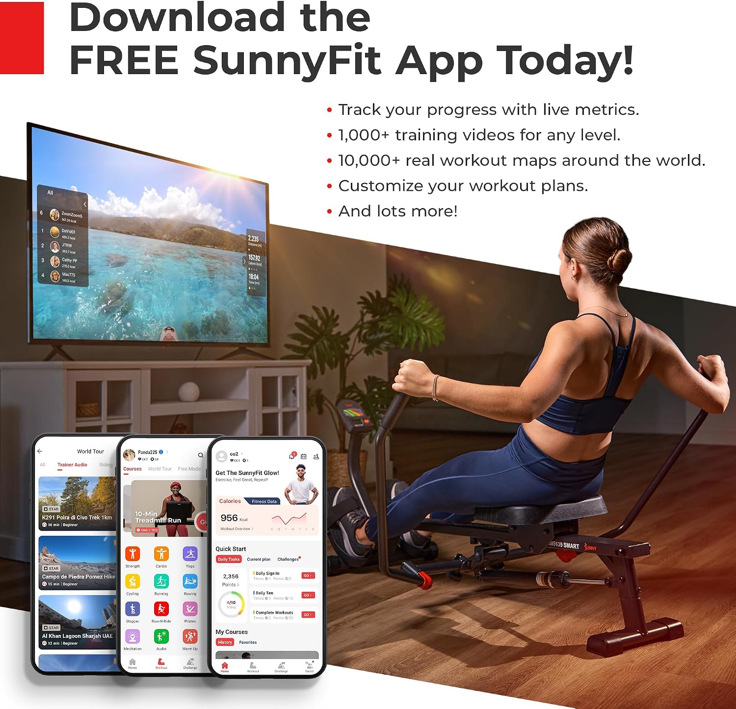 Sunny Health & Fitness Row-N-Ride Squat Machines, Adjustable Resistance and Seating/Handle for Home Glutes Training, SunnyFit App Access Included