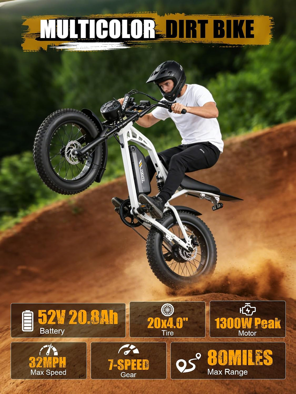 ESKUTE V200 Electric Dirt Bike for Adults,52V20.8Ah Battery,20' x4.0 Fat Tire,32MPH,NFC Unlock Color Display,7-Speed Dual Suspension,Dirt E-Bike,80 Miles, Streamlined Frame, E-Bike for Youth & Adults