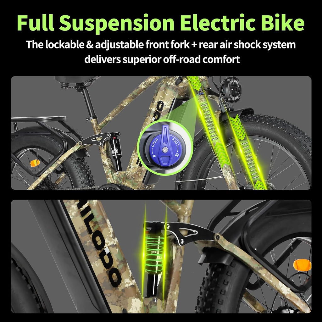 5000w Dual Motor Electric Bicycles, 60V Battery E-Bike with 45 MiIe P-Hour Electric Bike for Adults, 26 Fat Tire Hunting Ebike for All Terrain, Full Suspension Electric Ebike