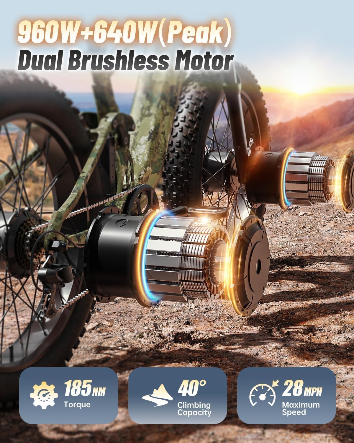 PUCKIPUPPY Dual Motor Electric Bike for Adults 1600W, 48V 20AH Battery with Torque Sensor, Full Suspension, 26' Fat Tire, 28MPH, 80 Mile Range, 8 Speed Mountain Electric Bicycle Golden Retriever Pro