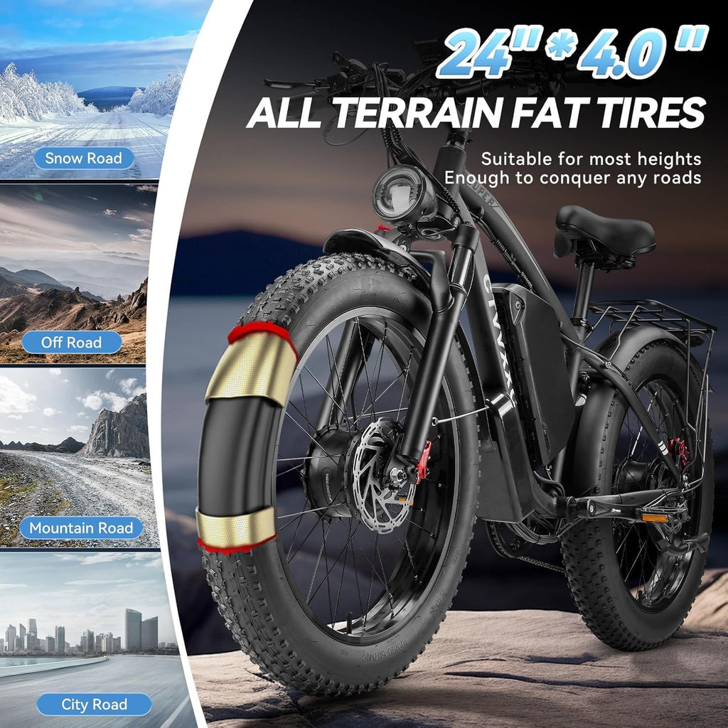 9000W Dual Motor Ebike for Adults Men 45MPH - Fast Electric Bike with 52V 34Ah Battery Up to 100 Miles,Lockable Suspension 24' Fat Tire Electric Bicycle for Off-Road Mountain Snow Commuter