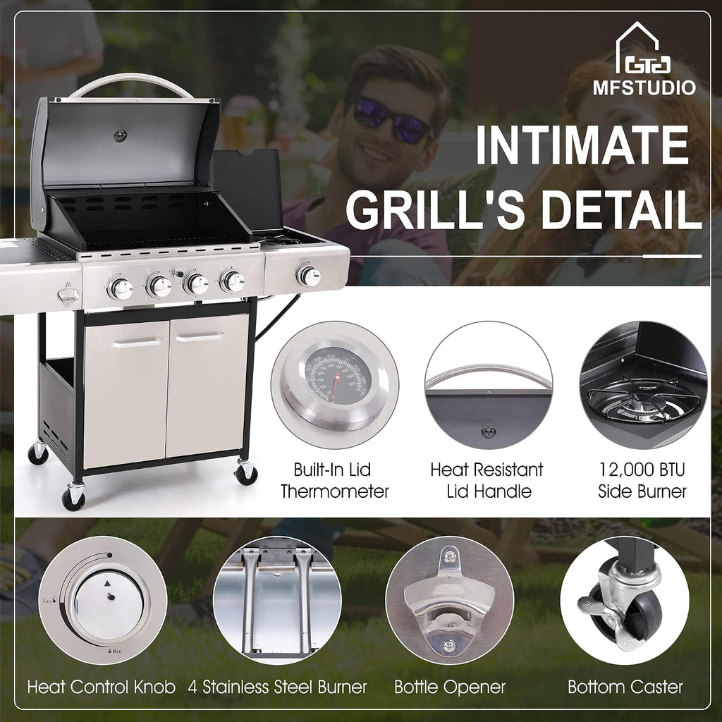 MFSTUDIO 4-Burner Propane Gas Grill, Stainless Steel BBQ Grill with Side Burner and Porcelain-Enameled Cast Iron Grates, High Heat Output Gas BBQ Grills for Barbeque and Outdoor Cooking