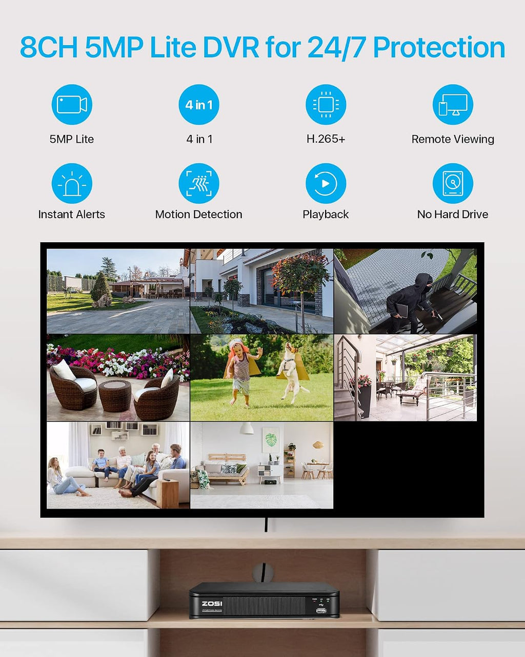 ZOSI 1080p H.265+ Security Camera System for Home, 5MP Lite 8 Channel CCTV DVR and 8 x 1080p Weatherproof Bullet Cameras Outdoor Indoor with 120ft Night Vision and 105°Wide Angle (No HDD Included)