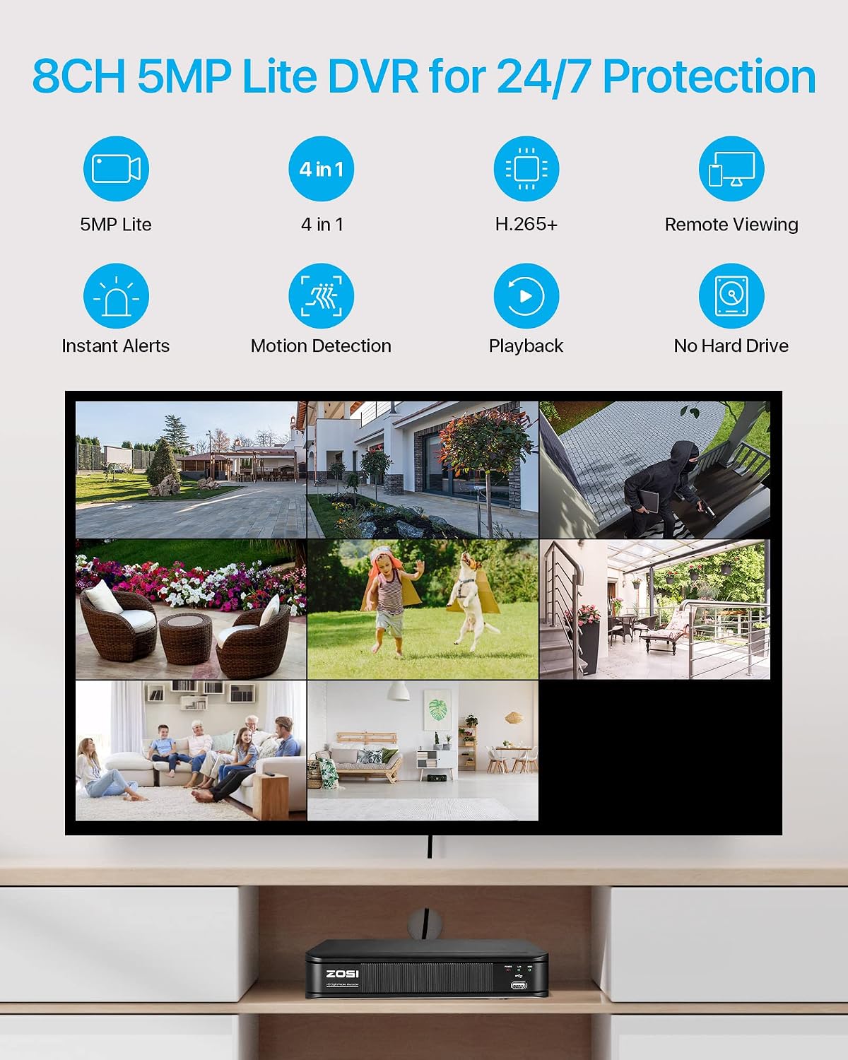ZOSI 1080p H.265+ Security Camera System for Home, 5MP Lite 8 Channel CCTV DVR and 8 x 1080p Weatherproof Bullet Cameras Outdoor Indoor with 120ft Night Vision and 105°Wide Angle (No HDD Included)