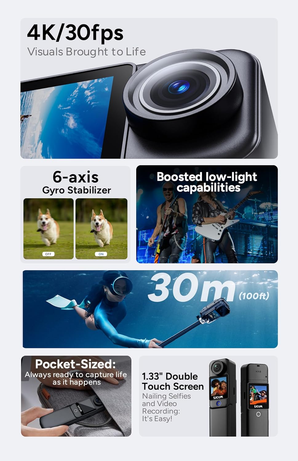SJCAM C300 Vlogging Camera 64GB Action 4K Body Camera & Handheld Detachable,Vlogs Cam for Content Creators YouTube,7Hour Power,Stabilization,Waterproof,Black,Camara para grabar contenido