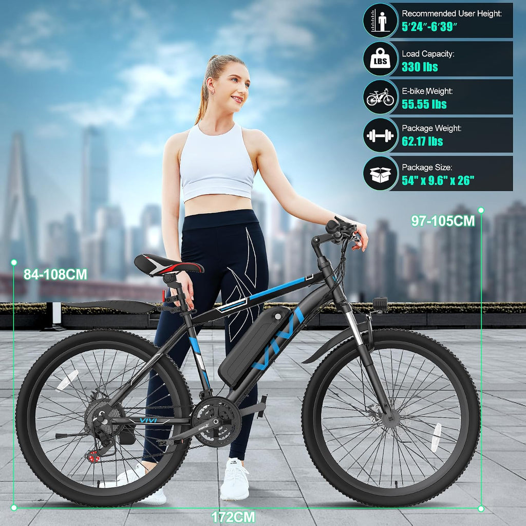 Vivi Electric Bike for Adults 26 Inch 749W Peak Ebike for Adults Removable 48V Battery, Electric Mountain Bike 21 Speed Gears, Electric Bicycle 20 mph& 50 Miles/Pedal Assist, SGS Certified to UL2849