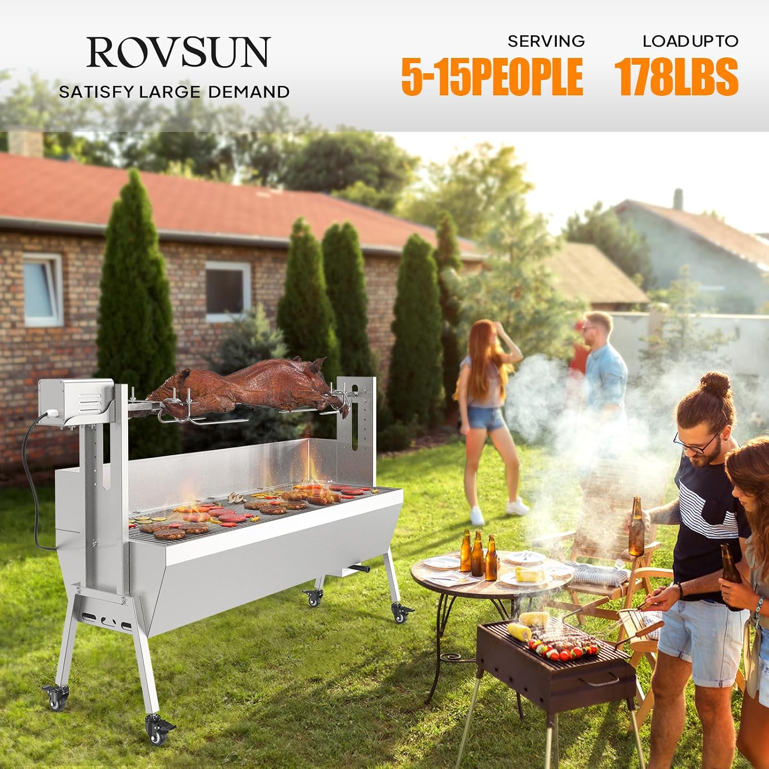 ROVSUN 46' Rotisserie Grill Kit, Pig Lamb Spit Roaster Stand Electric Rotisserie Grill 176 Lbs Capacity w/Wind Baffle Lockable Wheels Adjustable Height, BBQ Spit Rod for Outdoor Party Camping