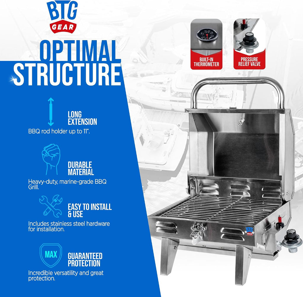Tailwaves Marine Boat Grill w/Rod Holder Mount | Stainless Steel | Propane Boats & Tailgating & Camping | Built in Thermometer | Portable | Fold-away legs