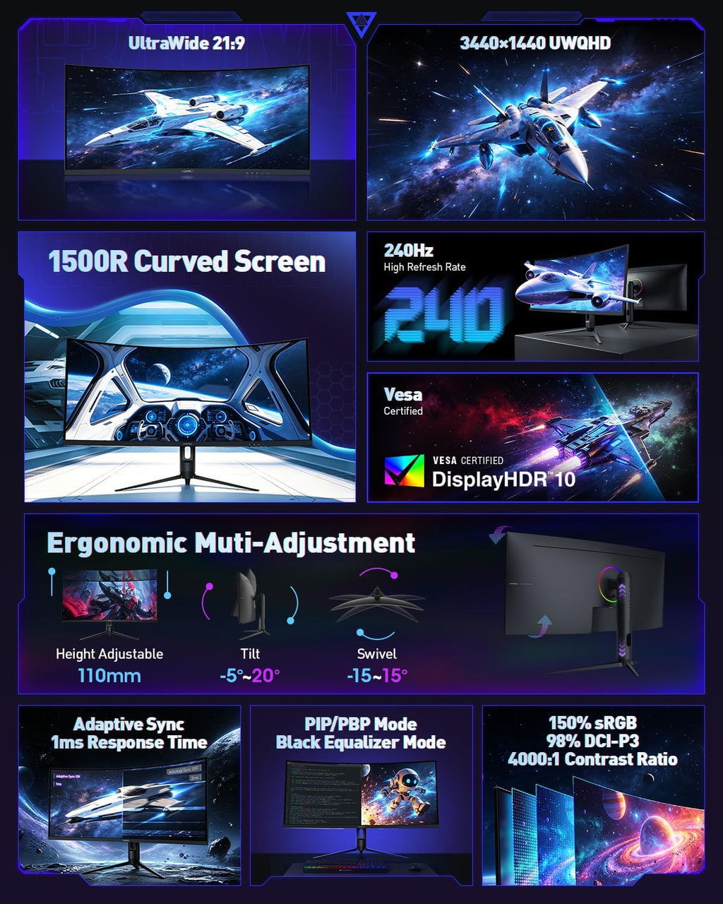 KOORUI 34' Ultrawide Curved Gaming Monitor, 240Hz, WQHD 3440×1440, 1500R Immersive Display, Adaptive Sync, 1ms, DIC-P3 98%, HDR400, HDMI 2.1/DP 1.4, VESA, for PC Gaming, Work & Play