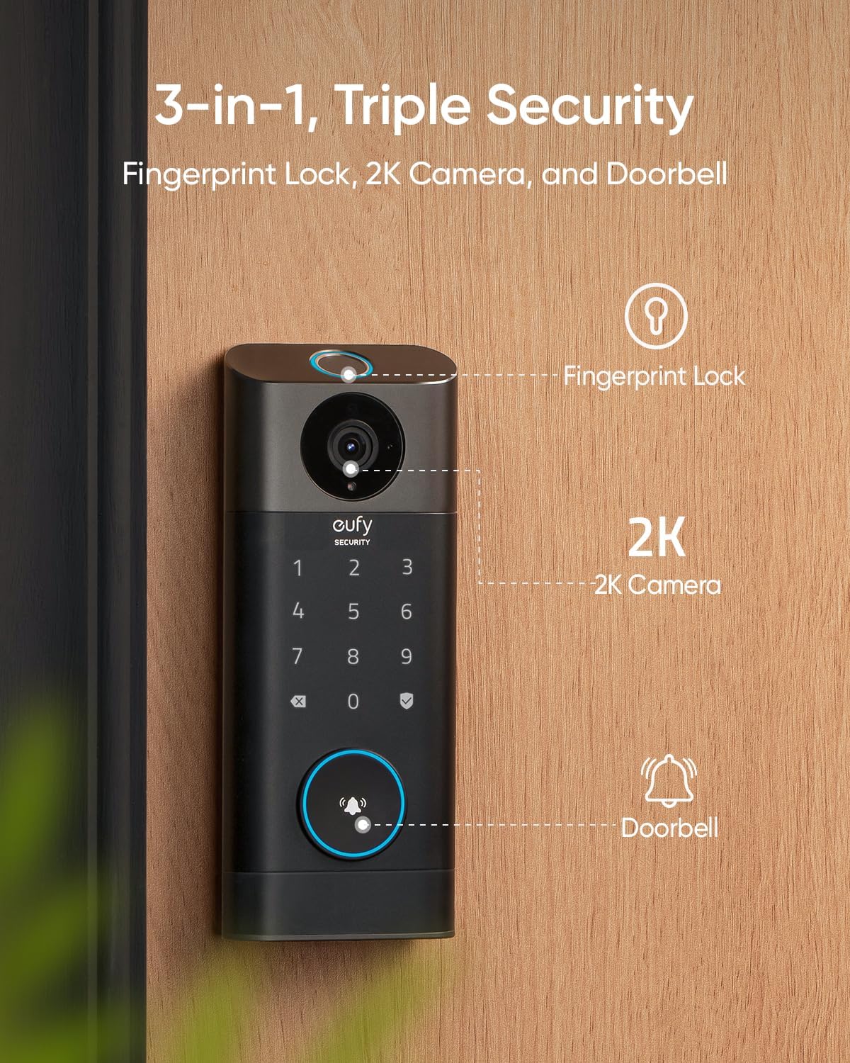 eufy Security Video Smart Lock S330, 3-in-1 Camera+Doorbell+Fingerprint Keyless Entry Door Lock, Smart Wi-Fi Deadbolt for Front Door, 8 GB Built-in Storage, SD Card Expandable, Chime Included