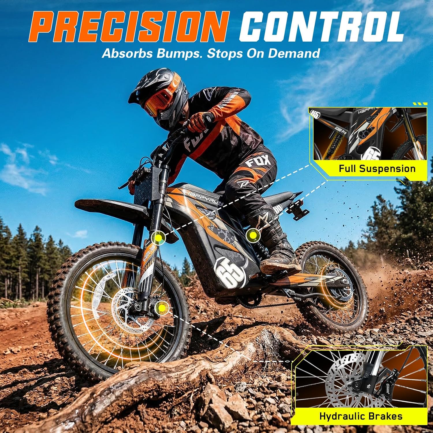 HAPPYRUN G300 Pro Electric Dirt Bike for Adults, 72V 30Ah Battery, 6500W Motor, 50 MPH Speed, 70 Mile Range, 350 Lbs Load Capacity, Hydraulic Brakes