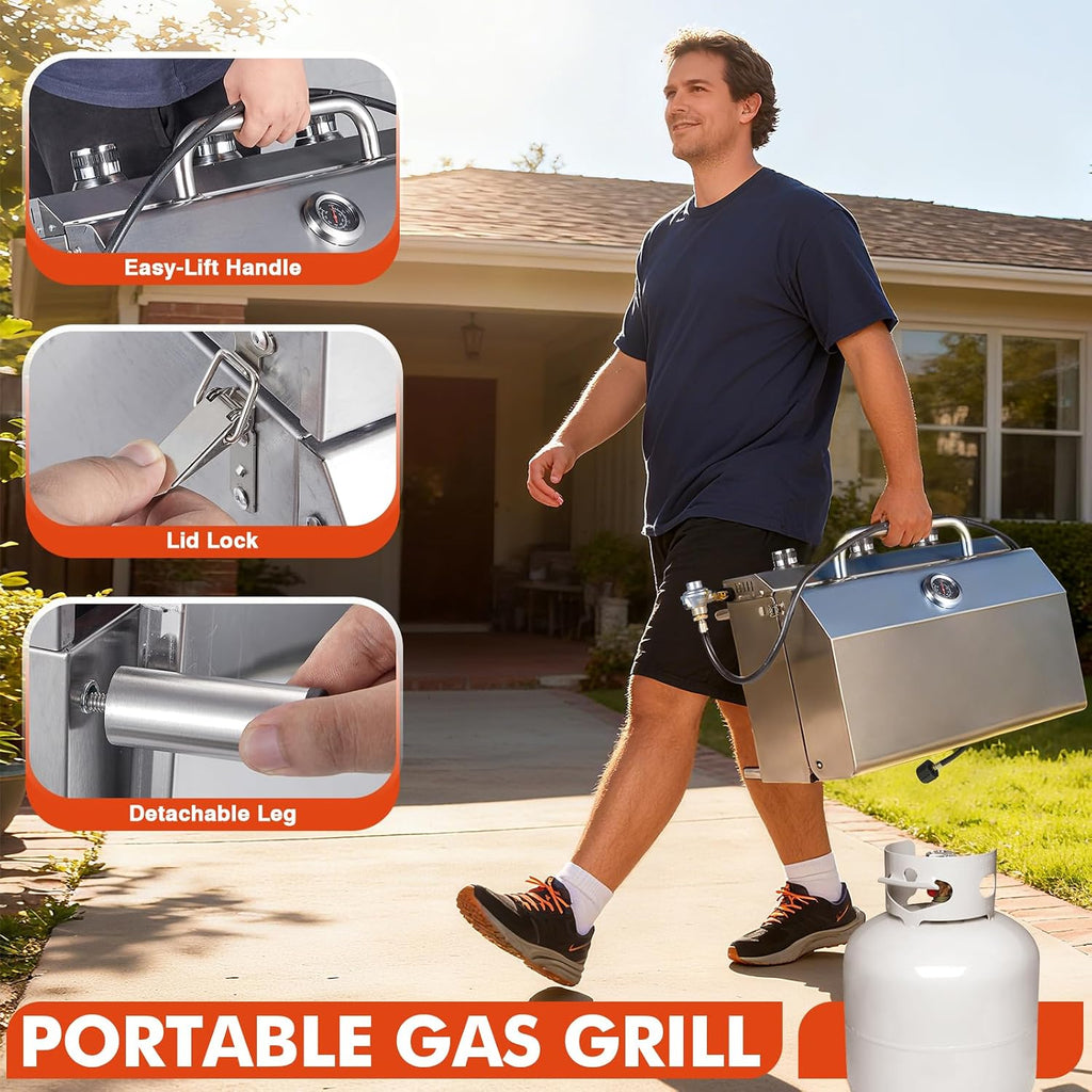 Llamaviva 3 Burner Gas Propane Grill with Dual Fuel Adapter,22500 BTU Stainless Steel Tabletop Portable Grill for Outdoor Barbecue Camping Cooking RV